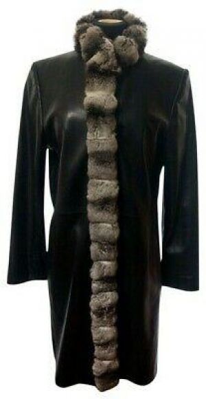 St. John Coat Collection Marie Gray Leather Chinchilla Fur Trim Jacket Black