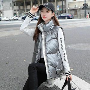 2021 Glossy Women Down Cotton Vest Hooded Waistcoat Jacket Short Ladies Coat