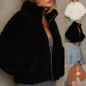 Cardigan Womens Coat Fashion Imitation Lamb Wool Polyester Soft Solid Color