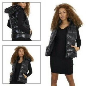 Womens Brave Soul Monroe Wet Look Gilet Puffer Hooded Winter Padded Bodywarmer
