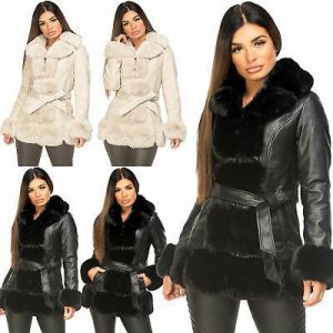 Womens PU Pvc Winter Long Coat Faux Vegan Leather Fur Collar Warm Belted Jacket