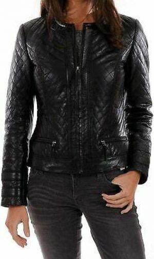Donna 100% Originale Giacca IN Pelle Di Agnello Nero Biker Slim Fit Trapuntato