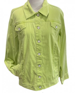 Chicos Womens Jean Jacket Lime Green Buttons Stretch Flap Pockets Denim 3 XL/16