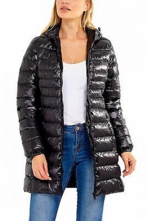 Womens Brave Soul Everett Long Cire Shiny Quilted Padded Hooded Puffer Jacket