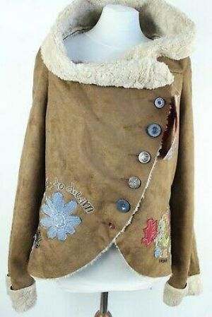 Desigual BNWT Marrón Bordado Botón Cierre Mujer Chaqueta Talla 44 Eu XL