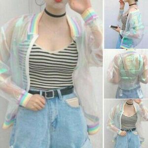 Summer Rainbow Bomber Symphony Hologram Basic Coat Clear Iridescent Nice Sale