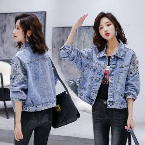 Women's Casual Embroidered Flower Beaded Denim Jacket Biker Jeans Coat Outwear