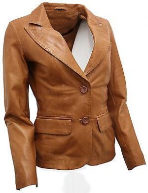 Damen Freizeit Hellbraun Leder Jacke Blazer