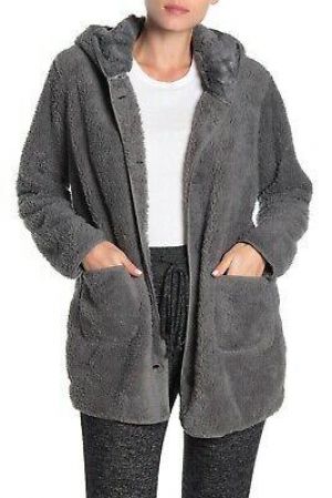 New PJ Salvage Cozy Plush Jacket Soft Faux Fur Lined Hood M Black / Grey / Rose