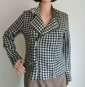 Lauren Ralph Lauren Women Moto Jacket PM Black White Lambswool Houndstooth Zip