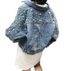 Ladies Blue Long Sleeve Loose Denim Rhinestone Beaded Tassel Jean Jacket Coat