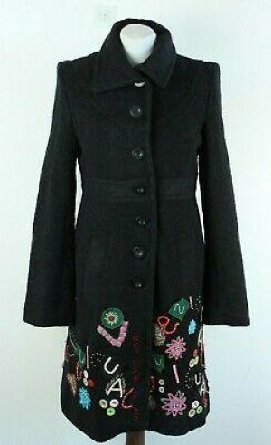 Desigual Nuevo Negro Floral con Cuello con Botones Mujer Abrigo Talla 40 Eu M