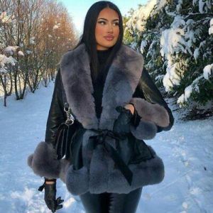 Women Genuine Leather Coat Fluffy Rex Rabbit Sweater Collar Warm Thick Outerwear