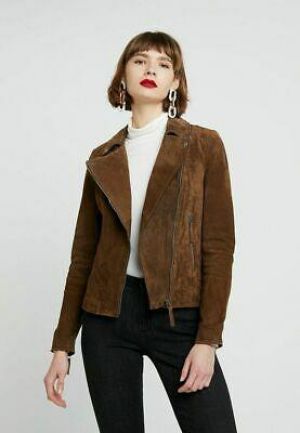 Donna Camoscio Vero Giacca Marrone Motociclista Premium Giacca Morbida/Cappotto