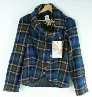 Desigual BNWT Multicolore Plaid di Lana Ricamato Donna Corto Giacca Size38 Eu S/