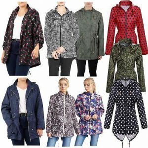 Womens Plus Size Printed Shower Proof Hooded Fishtail Parka Mac Raincoats Jacket