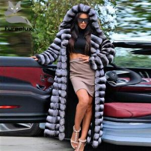 Long Real Rex Rabbit Fur Coat Chinchilla Full Pelt Women's Outerwear Warm Coat #
