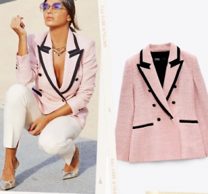 ZARA WOMAN TEXTURED BLAZER WITH CONTRAST PIPING JACKET PINK 8412/461 NEW FW21