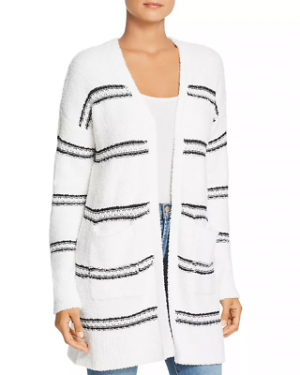 $130 MARLED WOMEN'S WHITE STRIPED OPEN-FRONT LONG-SLEEVE CASUAL CARDIGAN SIZE S