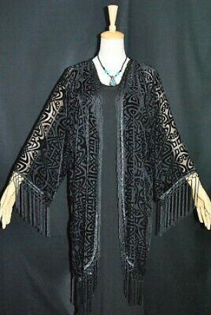 Classic Black Pattern Burnout Velvet Fringe Hippie Bono Jacket Coat  Kimonos