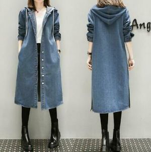 New Fashion Women's Long Hooded Denim Jacket Casual Jean Coats Trench Plus Size