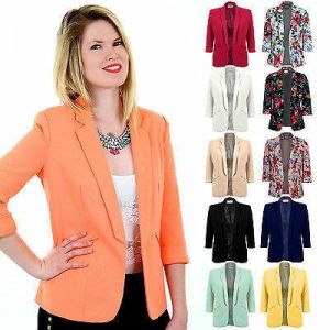 Ladies 3/4 Turned Up Sleeve Open Front Women's Smart Office Blazer Lined Jacket
