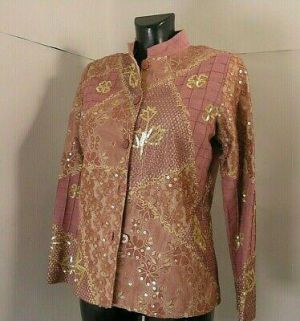 Indigo Moon Jacket Patchwork Shantung Embroidered Pink Sequined Korean Neck Szxs