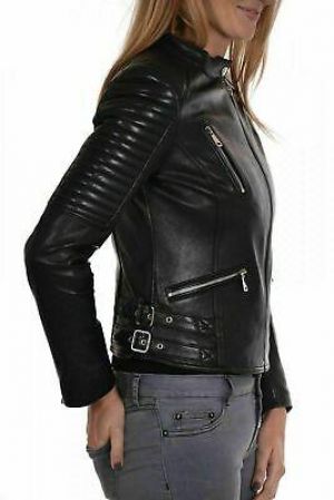 Damen Lammleder Original Schwarz Modern Elegant Echt Leder Motorradjacke