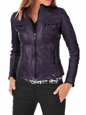 Femmes Violet Veste Cuir Véritable 100% Souple Cuir D'Agneau Motard Moto Veste