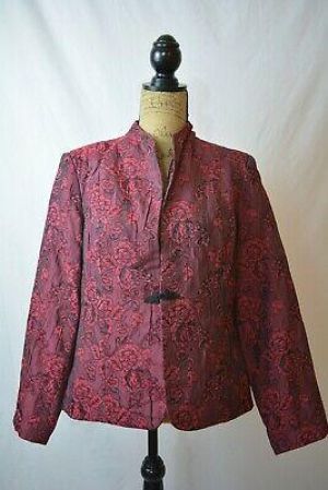 Coldwater Creek - Maroon BURGUNDY floral toggle front taffeta jacket, size 10