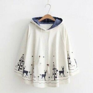 Damen Kapuze Kordelzug Top Dolmanärmel Ärmel Outwear Reh Bedruckt Schal Weiß