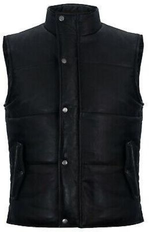 Mens Black Leather Puffer Body Warmer Waistcoat Gilet Sleeveless Padded Jacket