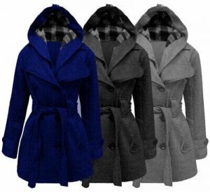 Women Ladies Double Breasted Hooted Belted Plain Long Sleeve Coat SZ S