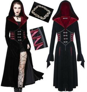Manteau long velours capuche gothique punk lolita cyber agrafe laçage stylé Noir