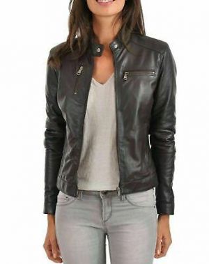 Mujer de Moda Elegante Chaqueta de Cuero Piel de Cordero Genuino Moto