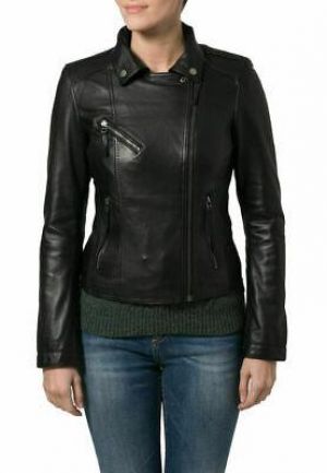 Mujer Chaqueta de Cuero Negro Ajustado Genuino Invierno Piel Cordero Cruz Zip