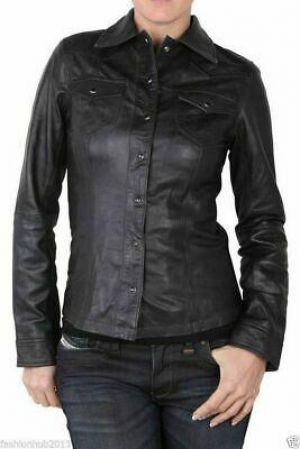 Mujer Chaqueta de Cuero Negro Ajustado Genuino Invierno Piel Cordero Niña
