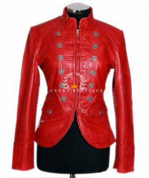 Escarlata Rojo Mujer Militar Diseñador Real Encerado Cordero Cuero Chaqueta Moda