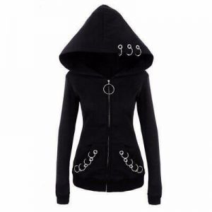 Women Hoodies Gothic Punk With Rings Black Casual Sweatshirt Zipper Jacket Coat