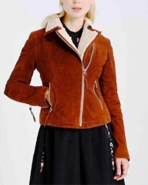 Femme Marron Daim Cuir Veste Motard Coureur Moto Café Fête Souple