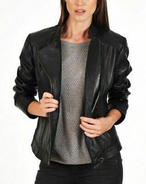 Cuero Negro Chaqueta Mujer Ajustado Genuino Piel de Cordero Invierno / TK