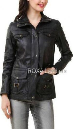 ROXA URBAN Women Genuine Sheepskin Real Leather Jacket Black Button Biker Zipper