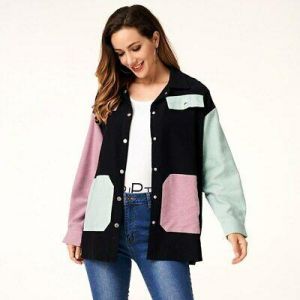 MAI&FUN Women Casual Coat Pocket Side Button Up Colorblock Knit Coat