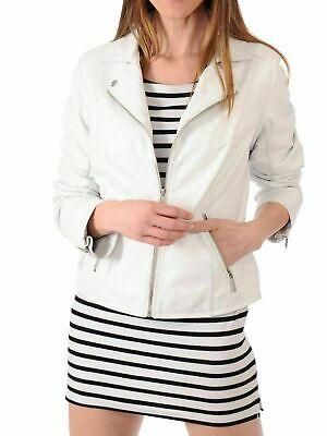 Damen Echt Lammleder Echtleder Jacke Weiß Kragen Biker Mantel - WJ176