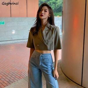 Blazers Women Crop Top Summer Notched Loose Double-breasted Korean Style