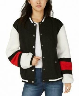 Say What? Juniors' Varsity Sherpa Bomber Black Combo Jacket Size L