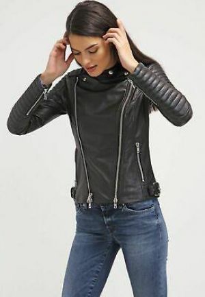 Femmes Souple Veste en Cuir D'Agneau Noir Motard Coureur Moto Café Court Neuf