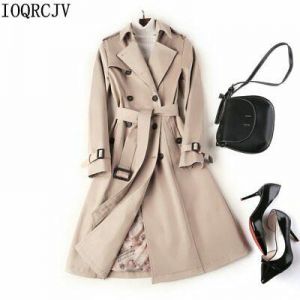 2019 New Fashion Double Breasted Mid-long Trench Coat Women Khaki Slim Belt