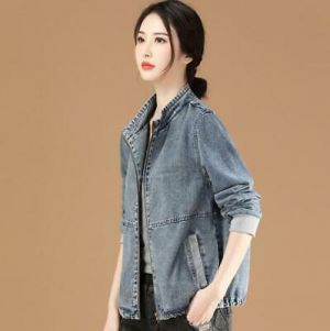 New Womens Casual stand collar Denim Jacket Retro Loose Jeans Coats Long sleeve