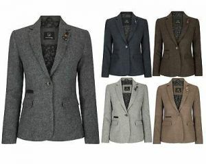 Blazer pour femme tweed à chevrons et carreaux laine mélangée style vintage